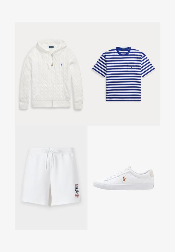 Sudadera blanca de punto trenzado con cremallera, bolsillos delanteros y un pequeño logotipo azul de Polo Ralph Lauren en el pecho.; Camiseta de manga corta blanca con rayas horizontales azules, cuello redondo y pequeño bolsillo en el pecho con logo rojo bordado.; Pantalones cortos blancos con cordón y un pequeño logotipo bordado en negro y rojo "Wimbledon Polo 1877" en la parte inferior izquierda.; Zapatilla de lona blanca con diseño de corte bajo, que cuenta con un taco trasero beige y un pequeño logo bordado en el costado. Suela de goma.