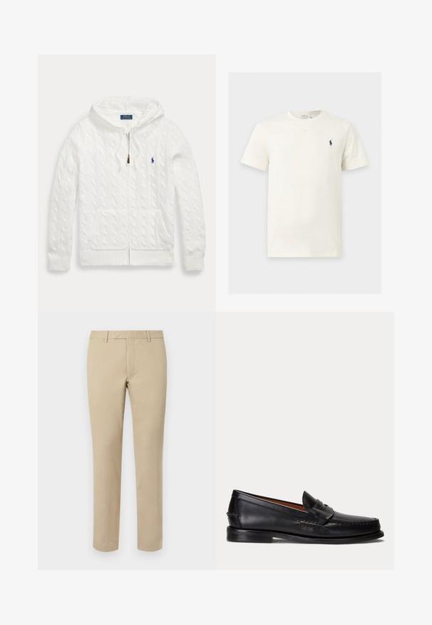 Sudadera blanca de punto trenzado con cremallera, bolsillos delanteros y un pequeño logotipo azul de Polo Ralph Lauren en el pecho.; Camiseta blanca de manga corta con cuello redondo y pequeño logo oscuro de un caballo y jinete en el pecho izquierdo.; Pantalones de algodón beige con corte recto, que cuentan con presillas para cinturón, frente plano y dobladillos ajustados. Textura suave y detalles mínimos.; Mocasín negro de cuero con tacón bajo y detalle de correa para moneda, mostrado de lado sobre un fondo gris claro.