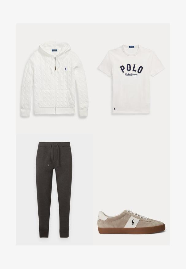 White cable-knit zip-up hoodie with front pockets and a small blue Polo Ralph Lauren logo on the chest.; White short-sleeve t-shirt with navy blue "POLO Ralph Lauren" text on the chest and a small navy polo player logo near the hem.; Dark gray sweatpants made of soft material, featuring an elastic waistband with drawstring, tapered legs, and cuffs at the ankle.; Beige suede low-top sneaker with white laces, white leather accent with black horse logo, and brown rubber sole.
