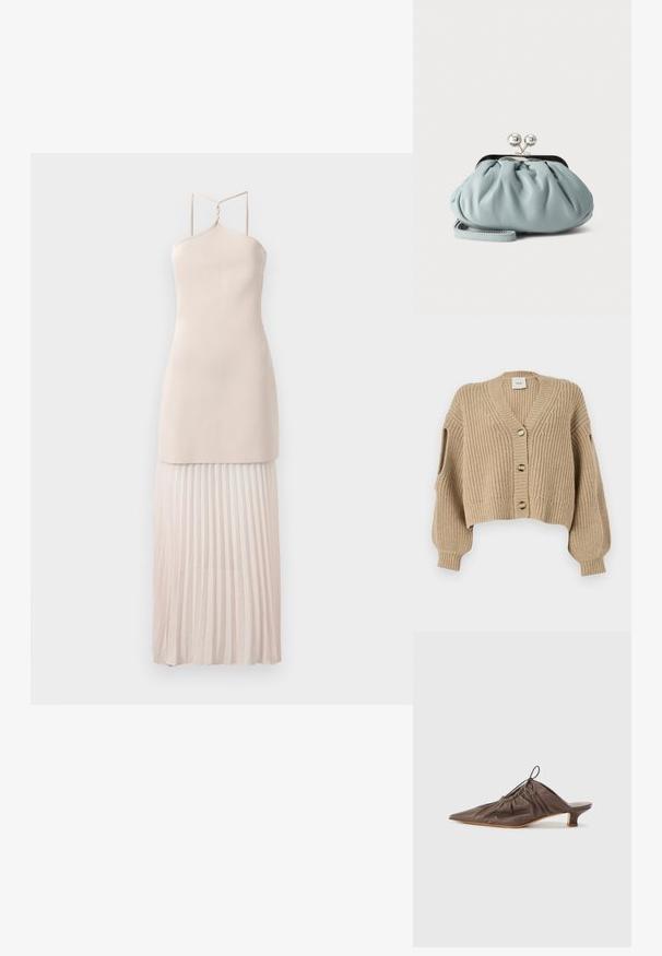 Cárdigan de punto beige con cuello en V, botones frontales, longitud cropped y hombros caídos. Tejido texturizado con patrón de canalé y mangas abiertas.; Vestido sin mangas con un cuerpo ajustado en suave tejido beige, que presenta una falda plisada en un tono más claro y tirantes retorcidos ajustables.; Mule de cuero marrón con punta afilada, textura recogida, tacón pequeño y un acento de cordón en la abertura. Acabado suave.; Pequeño monedero de cuero azul claro con cierre metálico plateado tipo kiss-lock y correa corta para la muñeca sobre un fondo liso.