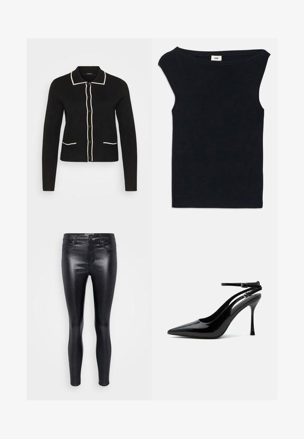 Cardigan noir en tricot doux avec col, passepoil crème et fermeture à bouton sur le devant; dispose de deux poches latérales.; Top sans manches noir fabriqué dans un tissu doux, avec un col large et une coupe ajustée. Texture lisse avec une finition propre à l'ourlet.; Jean noir taille haute en matériau brillant et lisse. Comprend cinq poches et une fermeture classique à bouton et zip.; Escarpin slingback en cuir verni noir à talon haut, bout pointu et doubles brides de cheville avec boucles argentées.