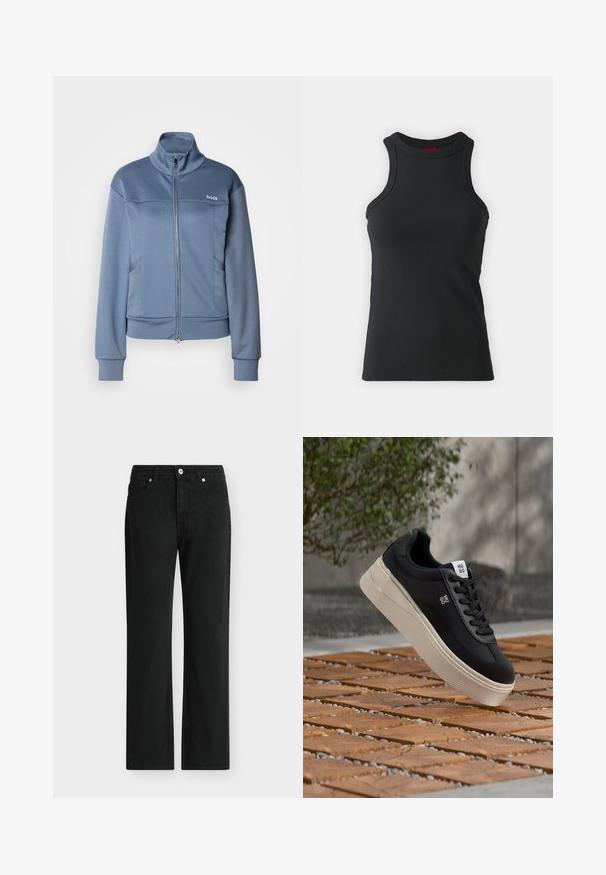Modrá bunda na zips vyrobená z mäkkej, hladkej tkaniny. Obsahuje vysoký golier, bočné vrecká a logo "BOSS" v bielej farbe na hrudi.; Čierne bezrukávové tank top vyrobené z elastického materiálu. Má okrúhly výstrih a priliehavý strih s minimálnymi švovými detailami.; Čierne rifle s rovnými nohavicami, predné zapínanie na gombík a zips, päť vreciek a pútka na opasok.; Čierna nízka teniska s bielou hrubou podrážkou a logom "HUGO" vznášajúcim sa nad drevenými dlaždicami v exteriéri.