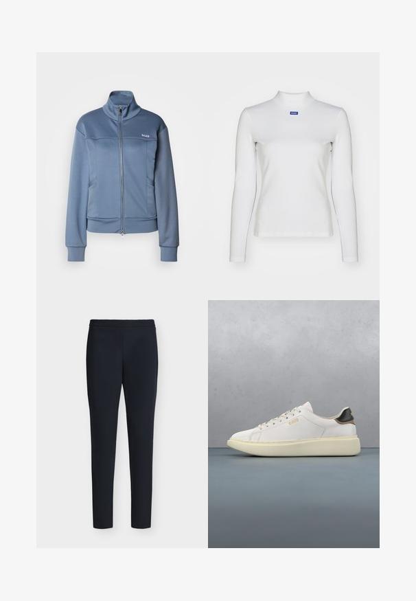 Modrá bunda na zips vyrobená z mäkkej, hladkej tkaniny. Obsahuje vysoký golier, bočné vrecká a logo "BOSS" v bielej farbe na hrudi.; Biely dlhý rukáv turtleneck top vyrobený z elastického materiálu, s priliehavým strihom a malým modrým logom na hrudi.; Čierne priliehavé nohavice po členky s prišitým pásom a bez viditeľných vreciek, zobrazené na jednoduchom svetlom pozadí.; Biele tenisky s hladkým koženým vrchom, s koženým pätovým pásikom v odtieni tan a čiernej, okrúhlymi šnúrkami a robustnou béžovou gumovou podrážkou. Zlatý detail loga.
