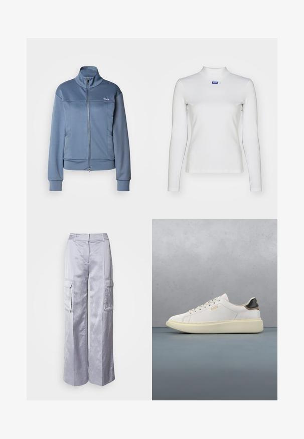 Modrá bunda na zips vyrobená z mäkkej, hladkej tkaniny. Obsahuje vysoký golier, bočné vrecká a logo "BOSS" v bielej farbe na hrudi.; Biely dlhý rukáv turtleneck top vyrobený z elastického materiálu, s priliehavým strihom a malým modrým logom na hrudi.; Svetlošedé široké nohavice typu cargo vyrobené z hladkého materiálu, s bočnými vreckami, upraveným pásom a bez viditeľných zapínaní alebo zipsov.; Biele tenisky s hladkým koženým vrchom, s koženým pätovým pásikom v odtieni tan a čiernej, okrúhlymi šnúrkami a robustnou béžovou gumovou podrážkou. Zlatý detail loga.