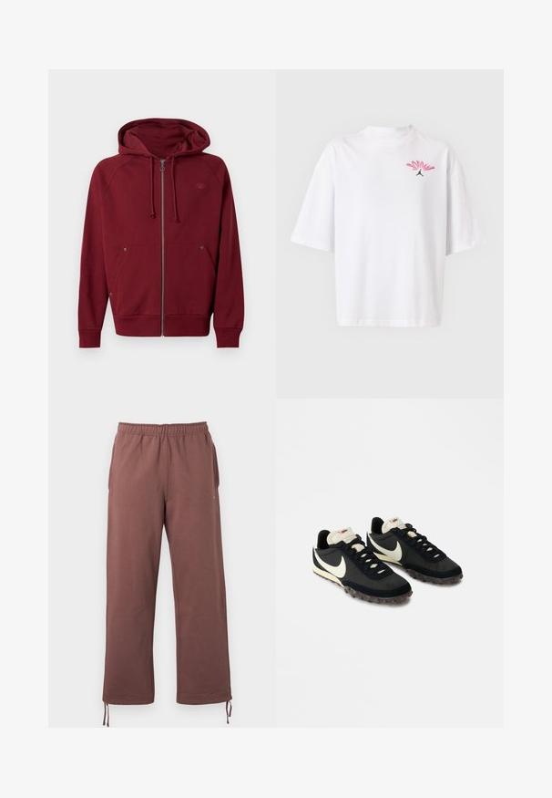 Sweat à capuche zippé couleur bordeaux avec cordons de serrage, poches avant, poignets et ourlet côtelés, et un logo discret sur la poitrine gauche.; T-shirt blanc à manches courtes avec un petit logo "JORDAN" rose et rouge et une silhouette Jumpman noire sur la poitrine gauche.; Pantalon marron avec ceinture élastique, fabriqué en tissu doux, doté de poches latérales et de cordons ajustables aux ourlets pour un ajustement personnalisé.; Chaussures de sport noires avec une tige texturée, logo swoosh blanc et semelle en caoutchouc dotée de petits crampons pour une meilleure traction. Col de couleur crème.