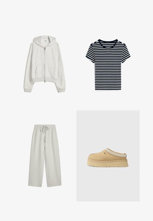 Lichtgrijze cropped hoodie van zachte stof; heeft een voorrits, grote capuchon en ribbelboorden aan de mouwen en onderkant; bevat zijzakken.; Marineblauw en wit horizontaal gestreept T-shirt met korte mouwen, een ronde halslijn en een klein rood-wit-blauw logo in het midden van de borst.; Lichtgrijze, breed uitlopende joggingbroek met een zachte textuur, elastische tailleband en een strikdetail aan de voorkant. Geen zichtbare zakken. Casual ontwerp.; Beige slip-on UGG-schoen met dikke zool en geprint boordje rond de opening, van opzij afgebeeld tegen een effen achtergrond.