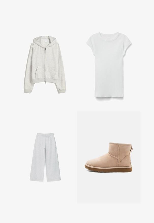 Lys grå cropped hoodie lavet af blødt stof; har en frontlynlås, stor hætte og ribbede manchetter og kant; inkluderer sidelommer.; Hvid kortærmet ribbet T-shirt med rund hals, lagt fladt på hvid baggrund, viser forsiden og simpel afslappet stil.; Lys grå vidtgående bukser lavet af blødt stof med elastisk talje. Designet har en løs pasform for komfort og bevægelsesfrihed.; Beige ruskindsankelstøvle med rund tå, synlige sting og en tekstureret brun gummisål. Har en træksløjfe på bagsiden.