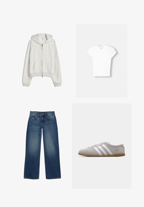 Lys grå cropped hoodie lavet af blødt stof; har en frontlynlås, stor hætte og ribbede manchetter og kant; inkluderer sidelommer.; Hvid kortærmet t-shirt lavet af blød bomuld, med rund halsudskæring og en tætsiddende form. Ingen synlige mønstre eller udsmykninger.; Bredbenede blå denimjeans med en falmet finish, der har fem lommer, lukning med knap foran og synlige syningsdetaljer.; Grå suedestøvle med hvide læderstriber og guldlogo-detalje. Flad gummisål, rund tå og klassisk snølukkedesign.