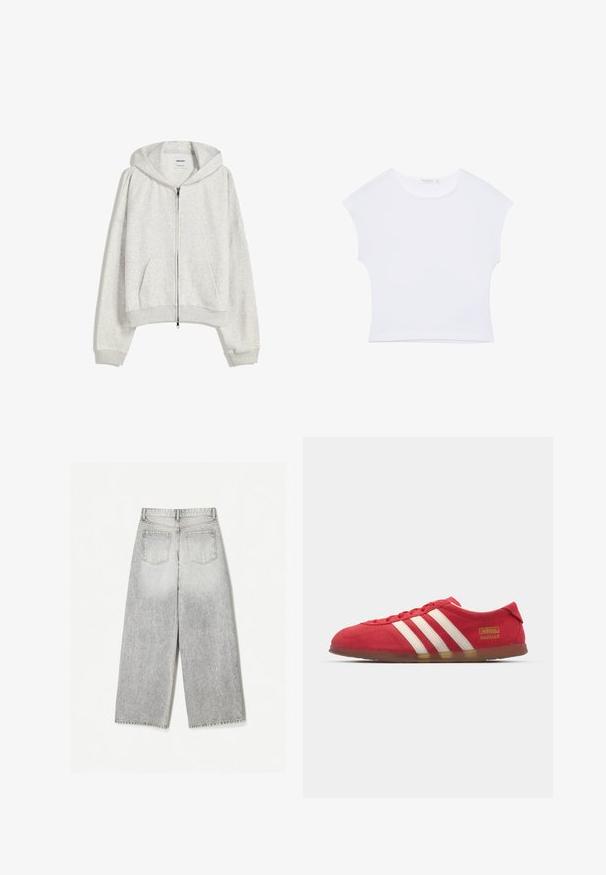 Lichtgrijze cropped hoodie van zachte stof; heeft een voorrits, grote capuchon en ribbelboorden aan de mouwen en onderkant; bevat zijzakken.; Witte cropped T-shirt met korte mouwen en een ronde hals, gemaakt van gladde stof, plat neergelegd op een witte achtergrond.; Grijze denim spijkerbroek met wijde pijpen en een vervaagde afwerking, met twee achterzakken en een onafgewerkte zoom.; Rode suède sneakers met wit drie-streepdesign, platte zool en gouden logo-detail. Laag uitgesneden ontwerp met ronde neus en vetersluiting.