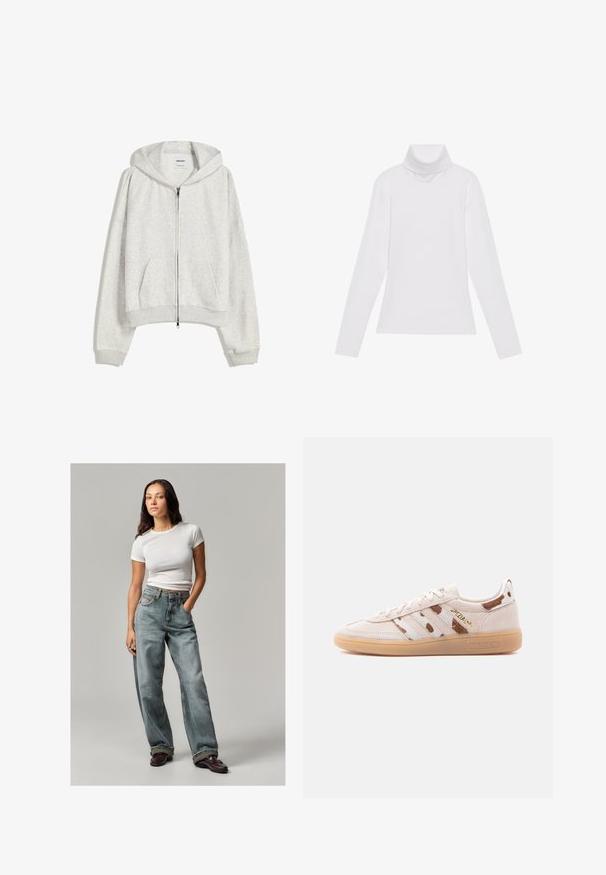 Lys grå cropped hoodie lavet af blødt stof; har en frontlynlås, stor hætte og ribbede manchetter og kant; inkluderer sidelommer.; Hvid langærmet turtle-neck top lavet af glat, strækbart stof. Har en høj krave og tætsiddende design, uden synlige mønstre eller udsmykninger.; Lysblå denim brede bukser med falmede detaljer, høj talje og forlommer. Sat sammen med en tætsiddende hvid t-shirt med korte ermer og bordeauxfarvede sko.; Beige lavt snøresko i ruskind med gummisål, brun- og hvidstribet mønster, "SPEZIAL" i guldbogstaver på siden.