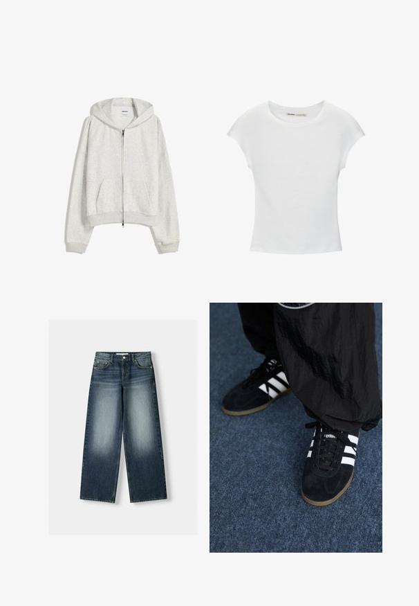 Haut de sweat léger gris clair, coupé, en tissu doux ; comporte une fermeture éclair sur le devant, une grande capuche et des poignets et un ourlet côtelés ; comprend des poches latérales.; T-shirt en coton blanc avec manches courtes retroussées, encolure ronde et ourlet droit. Texture lisse sans motifs ni accents visibles.; Jean en denim taille ample de couleur bleu foncé, avec un effet de décoloration. Design à cinq poches avec une fermeture à bouton et passants de ceinture.; Des chaussures de sport en suède noir avec trois rayures blanches et des lacets noirs. Un pantalon noir texturé est partiellement visible à côté des chaussures.