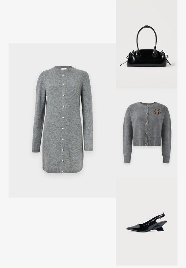 Gilet en tricot gris avec un col rond, un ourlet à côtes, cinq boutons et un détail brodé d'ours sur le côté gauche.; Robe-cardigan grise en tissu tricot doux, dotée d'un col rond, de manches longues et de fermetures à boutons en perles sur le devant.; Chaussure slingback en cuir verni noir avec bout pointu et petit talon bloc incliné sur fond clair uni.; Petit sac à main noir brillant avec deux longues anses et des détails à cordon sur les côtés sur un fond clair uni.