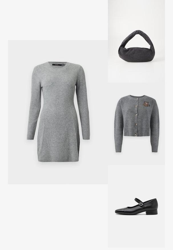 Grå strikket cardigan med rund halsudskæring, ribbet kant, fem knapper og en broderet bjørnedetalje på venstre side.; Grå stribet strikkjole med lange ærmer og rund hals. Har en tætsiddende pasform og lodrette linjer for tekstur. Blødt stof.; Sorte læder Mary Jane-sko med en patenttå, justerbar ankelrem og lav blokhæl. Glat tekstur og strømlinet design.; Mørkegrå stofpose med et buet håndtag, blød tekstur og rund form. Ingen synligt hardware eller pynt.