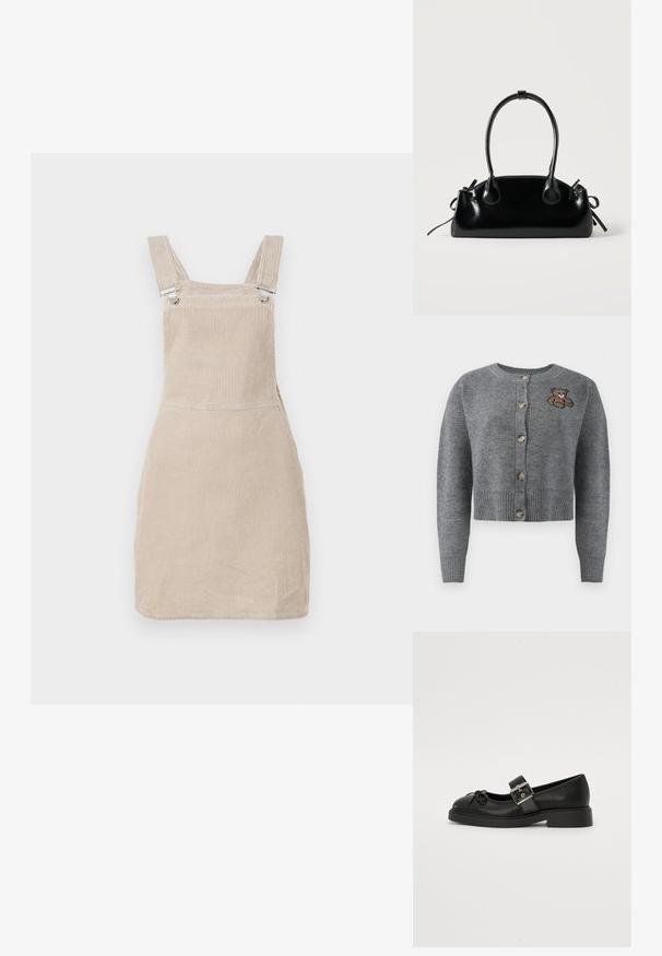 Grå strikket cardigan med rund halsudskæring, ribbet kant, fem knapper og en broderet bjørnedetalje på venstre side.; Beige corduroy selkærm med justerbare stropper og metalclips, med en lige skæring og strukturerede lodrette linjer.; Sort læder Mary Jane-sko med rund tå, ankelrem og sølv spænde detalje. Har en flad, chunky sål og en sløjfe akcent.; Lille sort blank håndtaske med to lange håndtag og snøre-detaljer i siden på en ensfarvet lys baggrund.