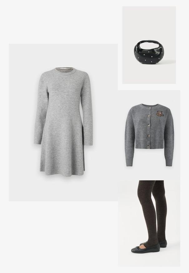 Gilet en tricot gris avec un col rond, un ourlet à côtes, cinq boutons et un détail brodé d'ours sur le côté gauche.; Robe grise à manches longues en tissu doux ; présente un col rond et une coupe décontractée, s'évasant légèrement à l'ourlet avec des fentes latérales.; Jambes portant des leggings côtelés foncés associés à des ballerines noires avec de petits détails en nœud sur fond blanc.; Sac à main en cuir noir de forme arrondie, décoré de clous argentés et équipé d'une poignée courte. Texture lisse et fermeture éclair.