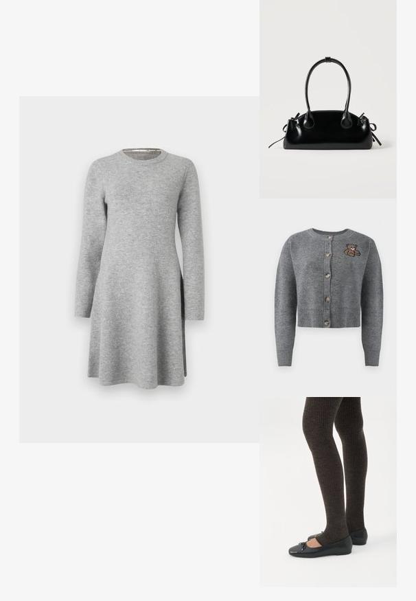 Cardigan gris de punto con cuello redondo, dobladillo acanalado, cinco botones y un detalle de oso bordado en el lado izquierdo.; Vestido largo gris de manga larga hecho de una tela suave; presenta un escote redondo y un corte relajado, con un leve aumento en el dobladillo y aberturas laterales.; Piernas con leggings oscuros acanalados combinados con bailarinas negras que presentan pequeños detalles de lazo sobre un fondo blanco.; Pequeño bolso negro brillante con dos asas largas y detalles de cordón lateral sobre un fondo claro liso.