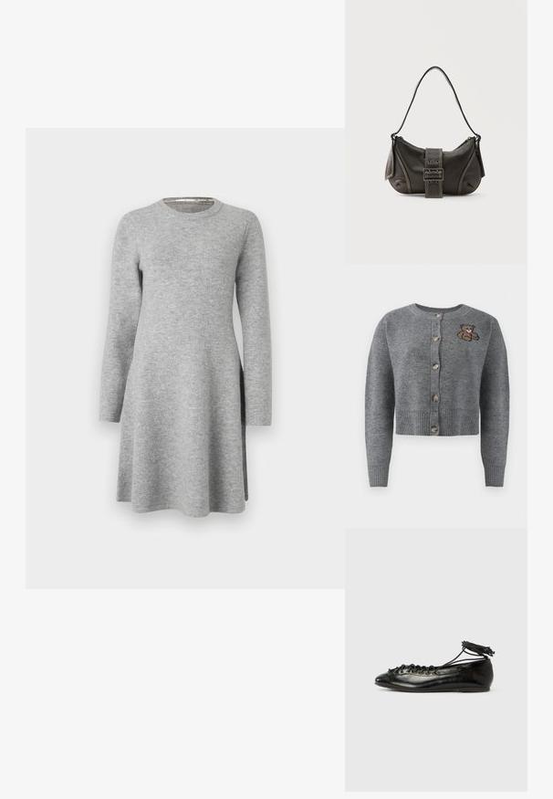 Grå strikket cardigan med rund halsudskæring, ribbet kant, fem knapper og en broderet bjørnedetalje på venstre side.; Grå langærmet kjole lavet af blødt stof; har en rund halsudskæring og en afslappet pasform, der flarer let ved kanten med sideslids.; Sorte balletflade sko i laklæder med rundet tå, snørelukning og flad sål. Glat tekstur med få detaljer.; Sort læder skuldertaske med spænde på remmen, afrundede kanter og kontrasterende hvide syninger på en ensfarvet baggrund.