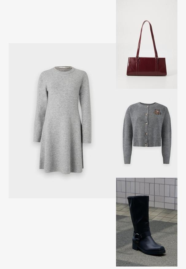 Grå strikket cardigan med rund halsudskæring, ribbet kant, fem knapper og en broderet bjørnedetalje på venstre side.; Grå langærmet kjole lavet af blødt stof; har en rund halsudskæring og en afslappet pasform, der flarer let ved kanten med sideslids.; Sort læderstøvle midt på læggen med lav blokhæle og en dekorativ rem med metal spænde rundt om anklen, på en flisebelagt fortov.; Bordeaux håndtaske lavet af glansfuldt materiale, rektangulær form, med to skulderremme og subtile buede detaljer på forsiden.