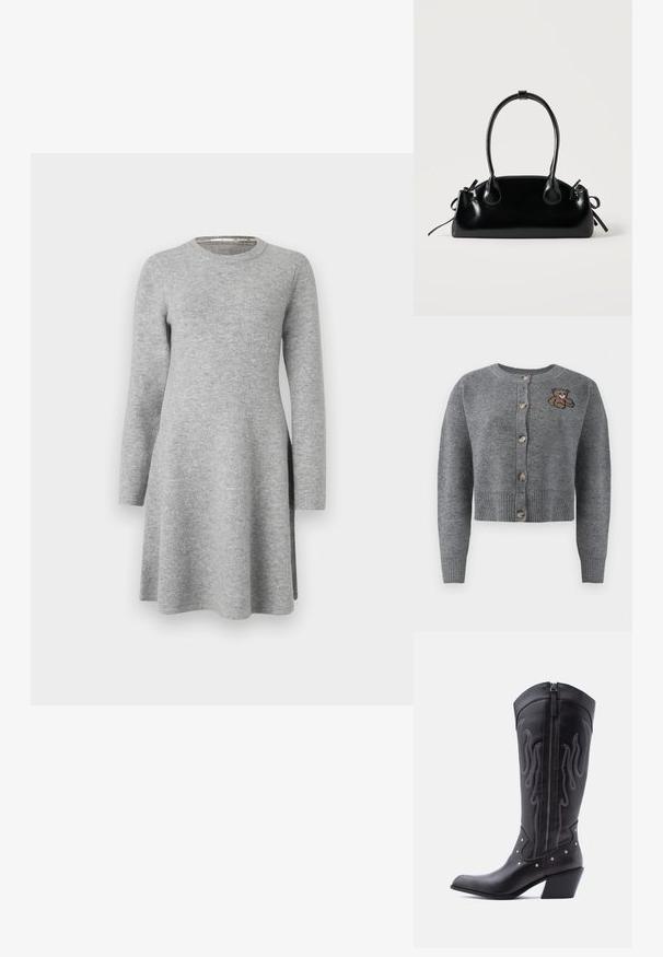 Grå strikket cardigan med rund halsudskæring, ribbet kant, fem knapper og en broderet bjørnedetalje på venstre side.; Grå langærmet kjole lavet af blødt stof; har en rund halsudskæring og en afslappet pasform, der flarer let ved kanten med sideslids.; Sorte cowboystøvler i læder med spids tå, synlige sømme, sølvfarvede nitte-detaljer og lynlås på den indvendige side.; Lille sort blank håndtaske med to lange håndtag og snøre-detaljer i siden på en ensfarvet lys baggrund.