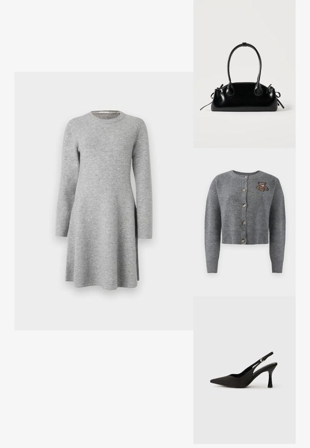 Grå strikket cardigan med rund halsudskæring, ribbet kant, fem knapper og en broderet bjørnedetalje på venstre side.; Grå langærmet kjole lavet af blødt stof; har en rund halsudskæring og en afslappet pasform, der flarer let ved kanten med sideslids.; Sorte slingback hæle med spids tå, glat mat finish og en slank, blank hæl. Justerbar rem med lille spænde detaljer.; Lille sort blank håndtaske med to lange håndtag og snøre-detaljer i siden på en ensfarvet lys baggrund.