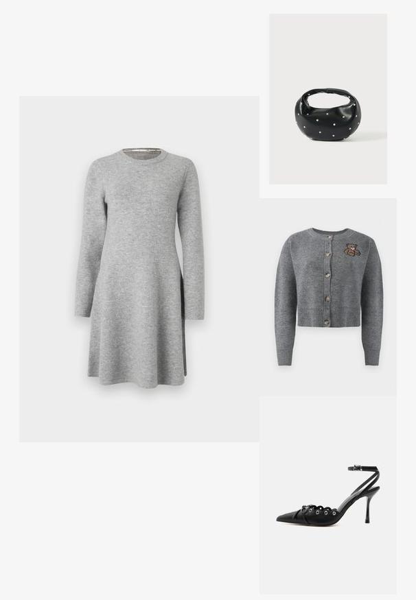 Cardigan gris de punto con cuello redondo, dobladillo acanalado, cinco botones y un detalle de oso bordado en el lado izquierdo.; Vestido largo gris de manga larga hecho de una tela suave; presenta un escote redondo y un corte relajado, con un leve aumento en el dobladillo y aberturas laterales.; Zapato de tacón alto negro con punta fina, bordes ondulados, ojales metálicos, cordones delanteros y una correa en el tobillo con cierre de hebilla.; Bolso de mano de cuero negro con forma redondeada, decorado con detalles de tachuelas plateadas y un asa corta. Textura lisa y cierre con cremallera.