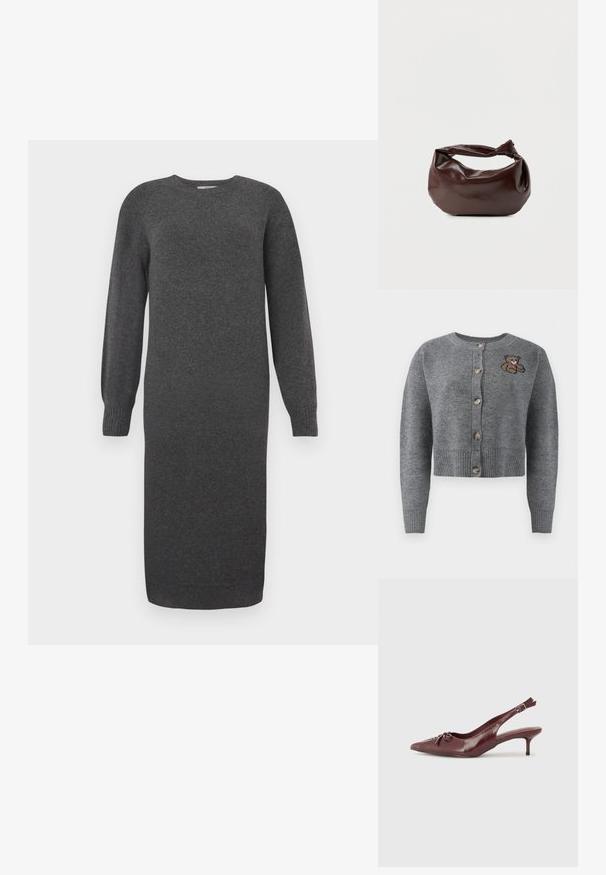 Gilet en tricot gris avec un col rond, un ourlet à côtes, cinq boutons et un détail brodé d'ours sur le côté gauche.; Robe tricotée gris foncé avec des manches longues, un col rond et des poignets côtelés. Longueur mi-mollet et texture lisse. Design simple sans motifs.; Talons slingback en cuir bordeaux avec un embout pointu, une sangle ajustable et un détail de nœud décoratif à l'avant. Hauteur du talon de 7,5 cm.; Sac bandoulière en cuir marron foncé avec une forme souple et décontractée et une anse nouée torsadée sur un fond blanc uni.