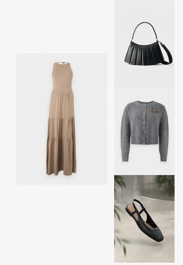 Grijze gebreide cardigan met een ronde hals, geribbelde onderrand, vijf knopen en een geborduurd berenmotief aan de linkerkant.; Mouwloze beige maxi-jurk met halternek en een drievoudige geplooide rok, weergegeven tegen een effen achtergrond.; Zwarte leren slingback ballerina met een vierkante neus, voorzien van een glanzende lakrand en verstelbare banden voor een veilige pasvorm.; Zwarte geplooide leren handtas met handvat aan de bovenkant en afneembare schouderriem op een effen lichte achtergrond.