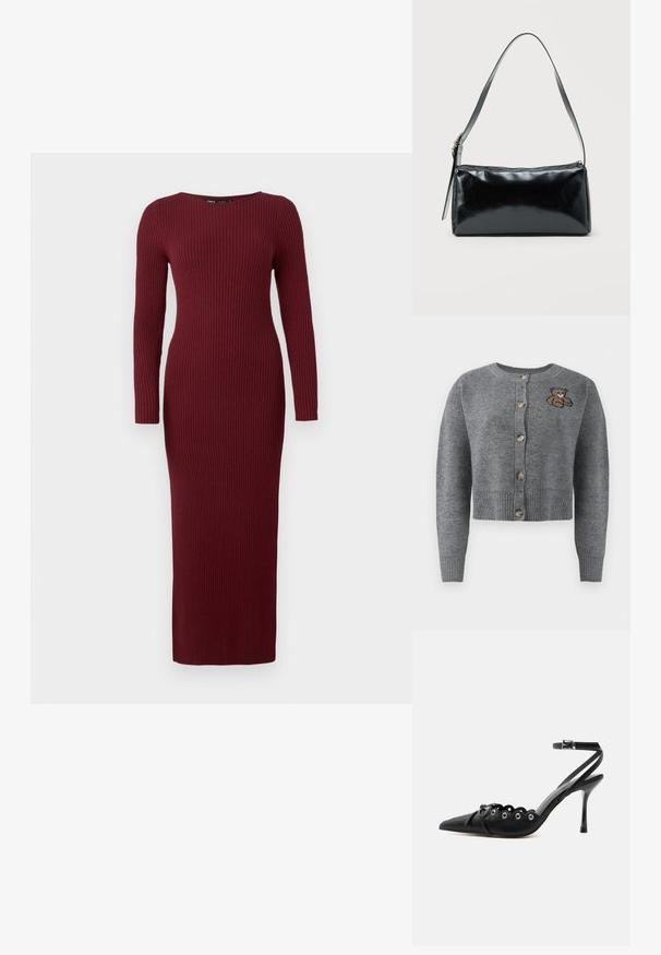 Gilet en tricot gris avec un col rond, un ourlet à côtes, cinq boutons et un détail brodé d'ours sur le côté gauche.; Robe maxi en tricot côtelé bordeaux avec des manches longues et un col bateau, présentant une silhouette ajustée et une texture subtile.; Chaussure à talon haut noire à bout pointu, bords festonnés, œillets métalliques, lacets à l'avant et bride de cheville avec fermeture à boucle.; Sac d'épaule rectangulaire noir avec une sangle réglable unique et une fermeture éclair supérieure sur un fond uni.