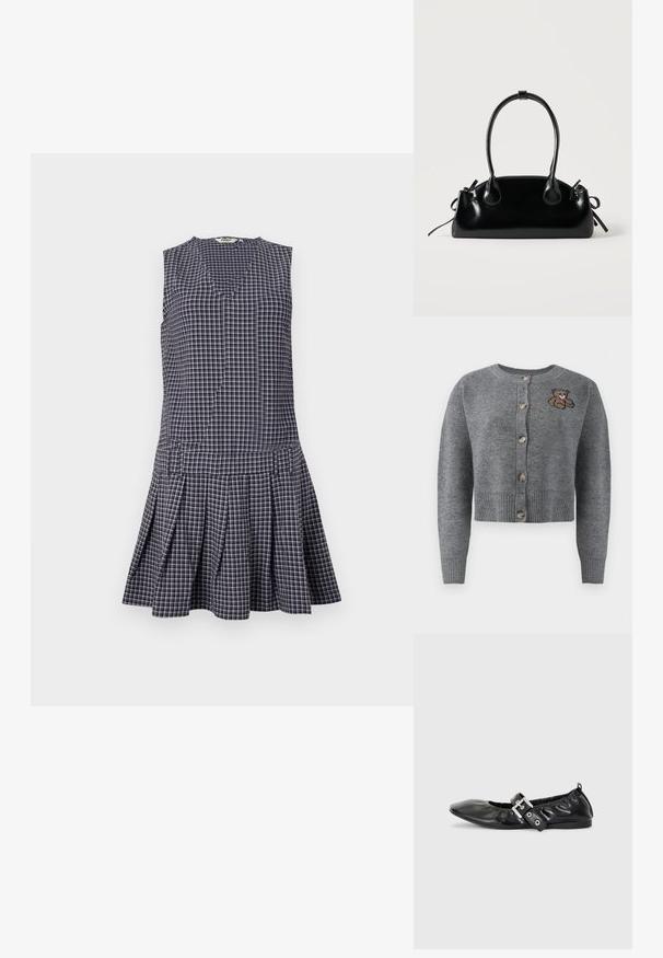 Cardigan gris de punto con cuello redondo, dobladillo acanalado, cinco botones y un detalle de oso bordado en el lado izquierdo.; Vestido de cuadros en navy con escote en V, diseño sin mangas, falda con plisados y cintura estructurada. Hecho de una tela ligera.; Zapato plano de piel negra con puntera afilada, detalle fruncido alrededor de la abertura y un acento de hebilla plateada en la correa ajustable.; Pequeño bolso negro brillante con dos asas largas y detalles de cordón lateral sobre un fondo claro liso.
