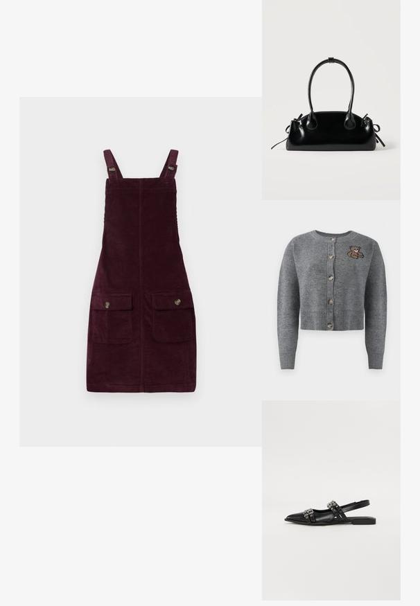 Gilet en tricot gris avec un col rond, un ourlet à côtes, cinq boutons et un détail brodé d'ours sur le côté gauche.; Robe en velours côtelé de couleur bourgogne profond, avec des bretelles ajustables, des poches avant avec quincaillerie en métal et une coupe ajustée. Tissu texturé.; Even&Odd by Zalando Ballerines à brides arrière - black; Petit sac à main noir brillant avec deux longues anses et des détails à cordon sur les côtés sur un fond clair uni.