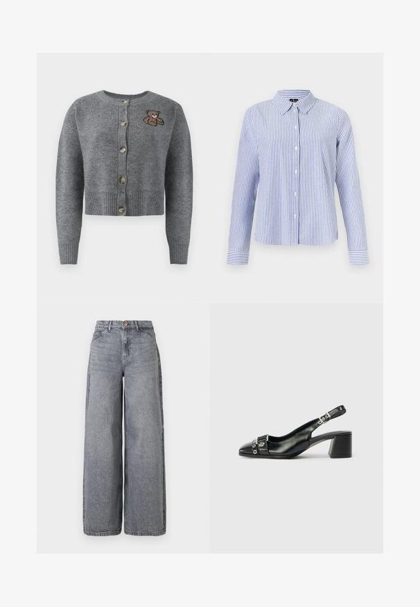 Grå strikket cardigan med rund halsudskæring, ribbet kant, fem knapper og en broderet bjørnedetalje på venstre side.; Langærmet skjorte med knapper med hvide og lyseblå lodrette striber og en spids krave vist på en ensfarvet baggrund.; Bredde ben denim jeans i en falmet grå vask, med fem lommer, en knaplukning og en blød tekstur med subtile fældningsdetaljer.; Sorte læder slingback hæl med spids tå, tekstureret rem med cirkulære metalliske accenter, og en stablet blokhæl.