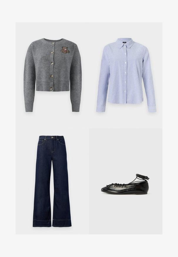 Cardigan gris de punto con cuello redondo, dobladillo acanalado, cinco botones y un detalle de oso bordado en el lado izquierdo.; Camisa de manga larga con botones, con rayas verticales blancas y azul claro y cuello puntiagudo, mostrada sobre un fondo liso.; Jeans rectos de mezclilla color azul oscuro. Presentan un cierre de botón, detalles de costura y bolsillos laterales. Dobladillo acampanado.; Zapatos planos tipo ballet de charol negro con punta redondeada, diseño con cordones y suela plana. Textura lisa con detalles mínimos.