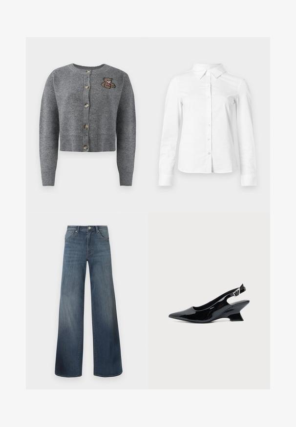 Cardigan gris de punto con cuello redondo, dobladillo acanalado, cinco botones y un detalle de oso bordado en el lado izquierdo.; Camisa blanca de manga larga con botones, cuello puntiagudo, bajo recto y silueta ajustada, presentada sobre un fondo claro y liso.; Vaqueros de pierna ancha en azul oscuro, con un acabado desgastado, cierre de botón y estilo de cinco bolsillos. Textura suave, detalles de costura mínimos.; Zapato slingback de cuero charol negro con puntera puntiaguda y tacón bajo en bloque inclinado sobre fondo claro liso.