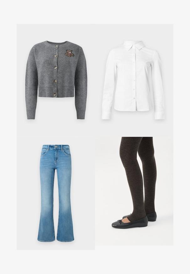 Grijze gebreide cardigan met een ronde hals, geribbelde onderrand, vijf knopen en een geborduurd berenmotief aan de linkerkant.; Witte blouse met lange mouwen en knopen, met puntige kraag, rechte zoom en aansluitende silhouet, weergegeven op een effen lichte achtergrond.; Lichtblauwe spijkerbroek met flair, voorzien van voorzakken, riemlussen en een knoopsluiting, tegen een witte achtergrond.; Benen met donkere geribbelde leggings gecombineerd met zwarte ballerina's met kleine strikdetails op een witte achtergrond.