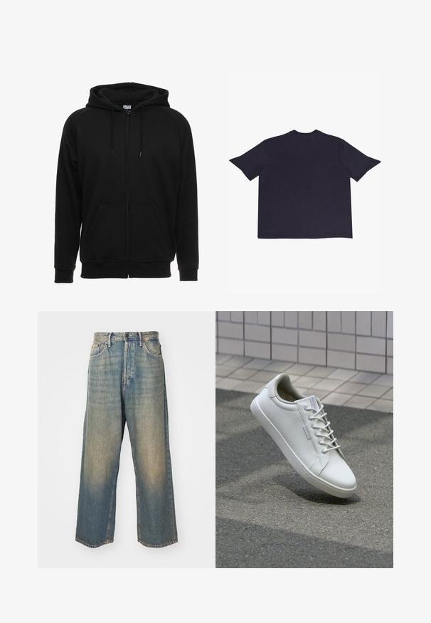 Sort hættejakke med lynlås lavet af blødt materiale, med hætte, frontlommer og ribstrikkede manchetter. Enkel design uden mønstre eller accenter.; Mørkeblå kortærmet t-shirt med rund halsudskæring, lavet af blødt bomuldsstof, med lige snit og ingen synlige designdetaljer.; Høj talje, lige ben, falmede blå denimjeans med forlommer og knaplukning på en lys baggrund.; Hvide sneakers lavet af tekstureret læder, med snørelukning, robust gummisål og minimalistisk design med forstærket tå.