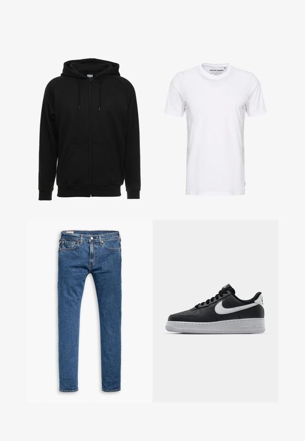Sort hættejakke med lynlås lavet af blødt materiale, med hætte, frontlommer og ribstrikkede manchetter. Enkel design uden mønstre eller accenter.; Hvid t-shirt med korte ærmer lavet af bomuld, med en rund hals og et enkelt design. Brandtag synlig på halsområdet. Ingen mønstre eller accenter.; Blå denim slim-fit jeans med fem lommer, frontknap og bælteskydere, præsenteret fladt på en hvid baggrund.; Sort lædersneaker med tekstureret overflade, hvid Nike swoosh, grå sål, rund tå og snørebåndsdesign. Har perforeringer på tåboksen.