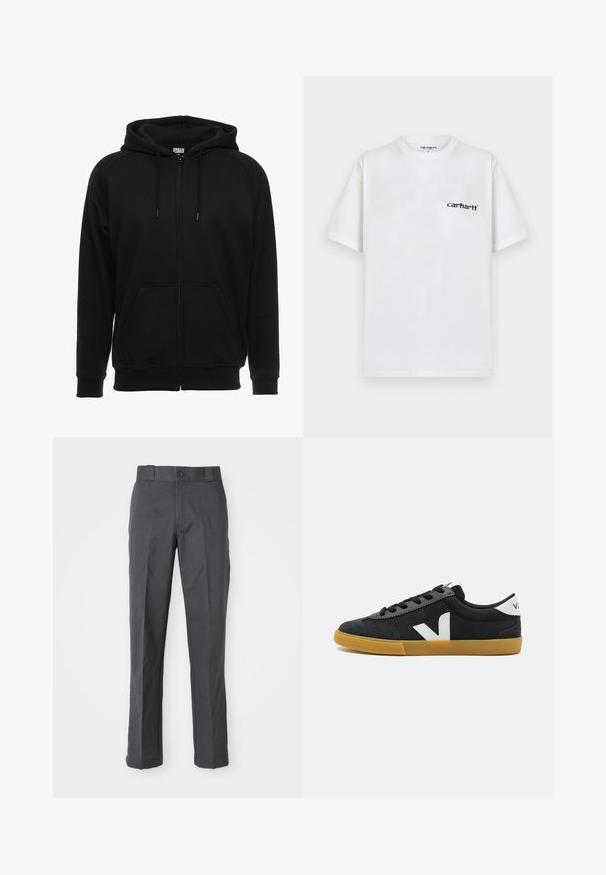 Sort hættejakke med lynlås lavet af blødt materiale, med hætte, frontlommer og ribstrikkede manchetter. Enkel design uden mønstre eller accenter.; Hvid bomulds T-shirt med korte ærmer, rund hals og sort Carhartt-logo på venstre bryst, glat tekstur og enkelt design.; Mørkegrå bukser lavet af bomuldsblanding, der har et lige ben-design, frontlommer og en knaplukning i taljen.; Sorte lærredssneakers med en suede tåboks, hvidt logo-accent, sorte snørebånd og en gummigummisål. Minimalistisk design og lav profil.