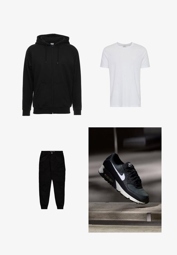 Zwarte hoodie met rits gemaakt van zacht materiaal, voorzien van een capuchon, voorzakken en geribbelde boorden. Eenvoudig ontwerp zonder patronen of accenten.; Effen wit T-shirt met korte mouwen en een ronde hals, getoond op een witte achtergrond, met een klein neklabel waarop het merk “Solid” staat.; Zwarte cargobroek van katoen, met twee vozakken en twee zijcargozakken, voorzien van elastische boorden en een elastische tailleband.; Zwart-grijze Nike Air Max sneaker met witte swoosh, zwevend boven een betonnen oppervlak tegen een wazige donkere achtergrond.