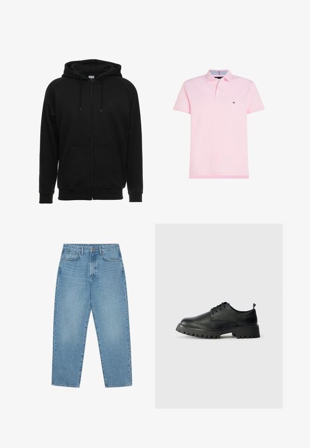 Sort hættejakke med lynlås lavet af blødt materiale, med hætte, frontlommer og ribstrikkede manchetter. Enkel design uden mønstre eller accenter.; Lyserød polo shirt med korte ærmer, knaplukket krave og et lille logo på venstre bryst. Har et stribet mønster indeni kraven.; Lyseblå denimjeans med lige ben, fem-lomme design og en let falmet struktur. Indeholder knap- og lynlåslukning.; Sorte læder snøresko med rund tå, tekstureret overflade og kraftig gummisål med dybe riller for bedre greb.