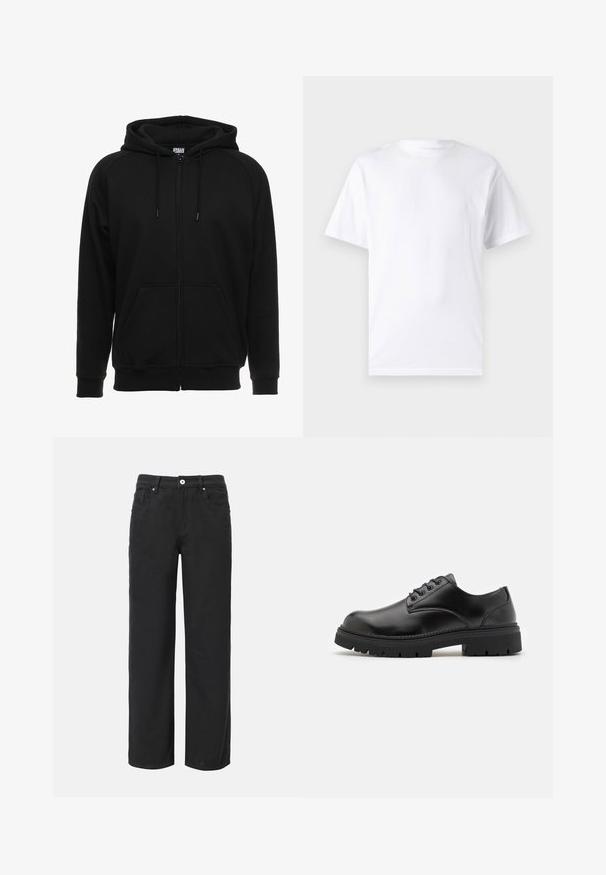 Schwarzer Kapuzenpullover mit Reißverschluss aus weichem Material, ausgestattet mit Kapuze, Fronttaschen und gerippten Bündchen. Einfaches Design ohne Muster oder Akzente.; Weißes kurzärmeliges T-Shirt aus Baumwolle mit Rundhalsausschnitt, das eine glatte Textur und ein einfaches Design ohne Muster oder Akzente aufweist.; Schwarze weit geschnittene Baumwollhosen mit vier Taschen, Frontknopfverschluss und klassischem Jeansdesign. Glatte Textur, ohne sichtbare Muster.; Schwarze Lederschuhe mit runder Zehenform, Schnürdesign und einer dicken, strukturierten Gummisohle. Sie verfügen über eine Naht entlang des Randes und haben eine glatte Oberfläche.
