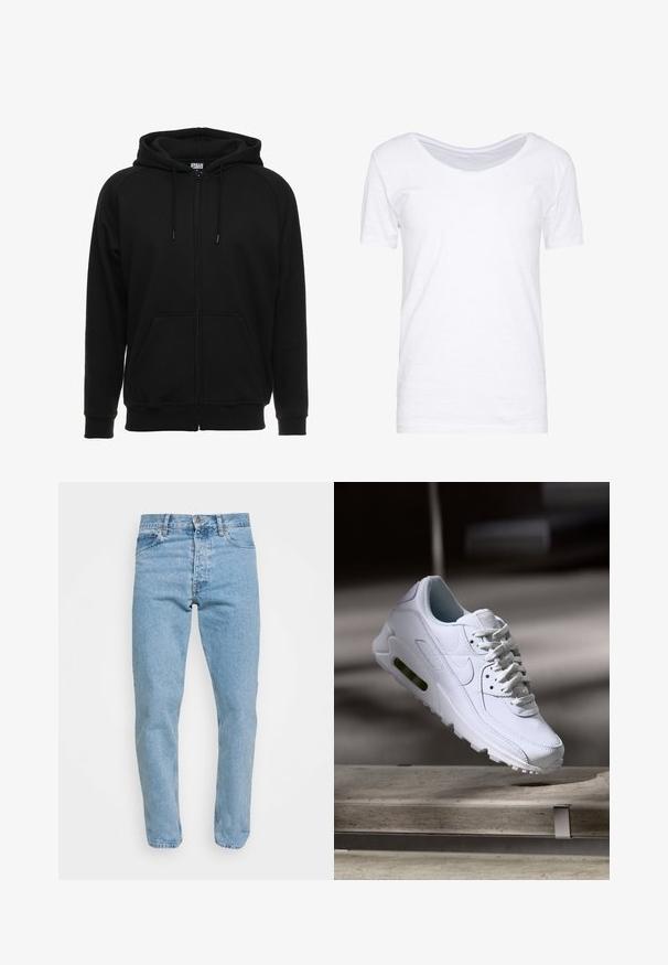 Sort hættejakke med lynlås lavet af blødt materiale, med hætte, frontlommer og ribstrikkede manchetter. Enkel design uden mønstre eller accenter.; Hvid kortærmet t-shirt, rund udskæring, blød tekstur, afslappet pasform, lavet af letvægtsstof med en let strækning. Uden mønstre eller detaljer.; Lysblå denimjeans med et klassisk fem-lomme-design, lynlås og let tapered ben, prydet med subtile slidmærker og syninger.; Hvide lædersneakers med teksturerede overflader, polstret krave og synlig luftpolstring i sålen. Har snørrebånd og et minimalistisk design.