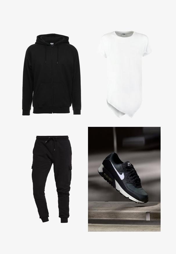 Schwarzer Kapuzenpullover mit Reißverschluss aus weichem Material, ausgestattet mit Kapuze, Fronttaschen und gerippten Bündchen. Einfaches Design ohne Muster oder Akzente.; Kurzärmliges weißes T-Shirt mit Rundhalsausschnitt und asymmetrischem Saum, aus einem Baumwollmischgewebe mit glatter Textur.; Schwarze Baumwoll-Jogginghose mit schmalem Schnitt, Kordelzugbund und seitlichen Cargo-Taschen. Glatte Textur und elastische Bündchen an den Knöcheln.; Schwarzer und grauer Nike Air Max Sneaker mit weißem Swoosh, schwebend über einer Betonfläche vor einem verschwommenen dunklen Hintergrund.