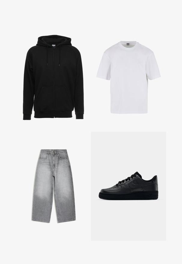 Schwarzer Kapuzenpullover mit Reißverschluss aus weichem Material, ausgestattet mit Kapuze, Fronttaschen und gerippten Bündchen. Einfaches Design ohne Muster oder Akzente.; Weißes T-Shirt mit kurzen Ärmeln aus Baumwolle. Besitzt einen Rundhalsausschnitt und eine lockere Passform. Glatte Textur, minimalistisches Design, ohne Muster oder Akzente.; Hoch taillierte graue Jeans aus Denim mit weitem Bein, Vordertaschen und Knopfverschluss, flach auf weißem Hintergrund präsentiert.; Schwarzer Nike Air Force 1 Schuh mit einem glatten Lederoberteil, perforierter Zehenpartie für Atmungsaktivität, schwarzen Schnürsenkeln und einer strukturierten Gummisohle.