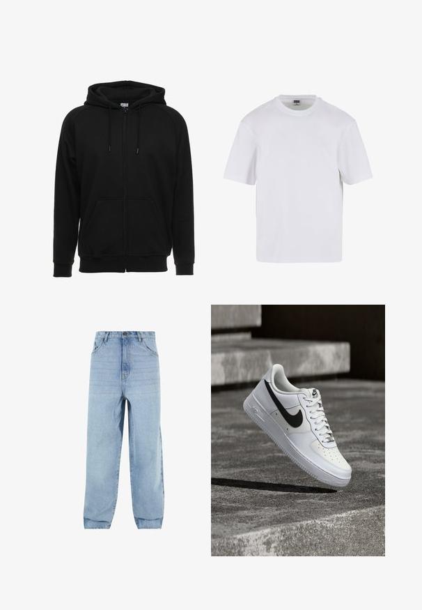Sort hættejakke med lynlås lavet af blødt materiale, med hætte, frontlommer og ribstrikkede manchetter. Enkel design uden mønstre eller accenter.; Hvid kortærmet t-shirt lavet af bomuld. Har en rund halsudskæring og en afslappet pasform. Glat tekstur, minimalistisk design, ingen mønstre eller accenter.; Lyseblå denimjeans med løs pasform, høj talje og fem lommer. Har bæltestropper og knaplukning. Blød tekstur.; Hvid Nike Air Force 1-sneaker med sort swoosh, snørebånd bundet, placeret i luften over tekstureret betonoverflade udendørs.