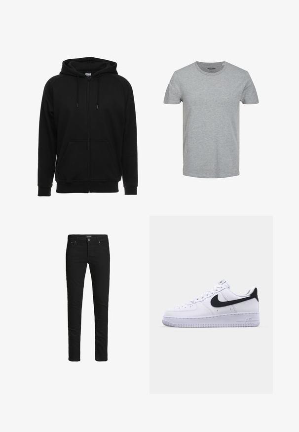 Sort hættejakke med lynlås lavet af blødt materiale, med hætte, frontlommer og ribstrikkede manchetter. Enkel design uden mønstre eller accenter.; Grå kortærmet T-shirt lavet af blød bomuld. Har en klassisk rund halsudskæring og en regulær pasform. Enkel design uden mønstre eller detaljer.; Slim-fit sorte jeans med fem lommer, knaplukning og bæltestropper, mærket Jack & Jones.; Hvide lædersneakers med en struktureret sort Swoosh, flade snørebånd og en gummisål med et rillemønster. "AIR" er præget på hælen.