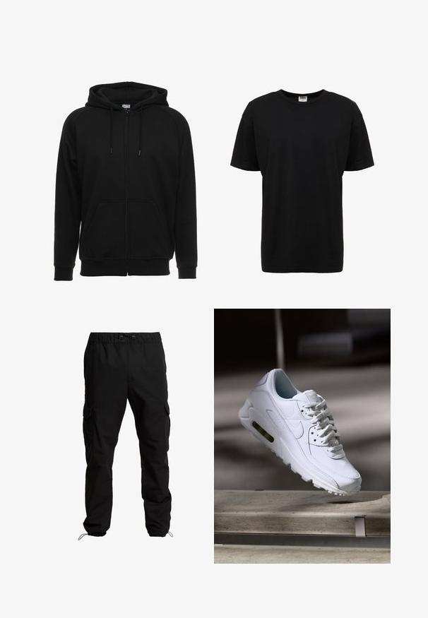 Schwarzer Kapuzenpullover mit Reißverschluss aus weichem Material, ausgestattet mit Kapuze, Fronttaschen und gerippten Bündchen. Einfaches Design ohne Muster oder Akzente.; Schwarzes Baumwoll-T-Shirt mit Rundhalsausschnitt, kurzen Ärmeln, normaler Passform, glatter Textur und ohne sichtbare Muster oder Akzente.; Schwarze Cargo-Hosen aus strapazierfähigem Stoff, mit elastischem Bund, verstellbaren Kordeln und Seitentaschen mit Klappen.; Weiße Lederturnschuhe mit strukturierten Oberflächen, gepolstertem Kragen und sichtbarer Luftpolsterung in der Sohle. Verfügt über Schnürsenkel und ein minimalistisches Design.