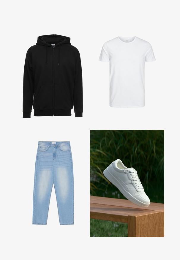 Sweat à capuche noir zippé en matière douce, avec une capuche, des poches avant et des poignets côtelés. Design simple sans motifs ni accents.; T-shirt à col rond à manches courtes de couleur blanche unie, fabriqué en coton doux, avec un design simple sans motifs ni accents visibles.; Jean en denim bleu clair avec une coupe décontractée, dotés de cinq poches, d'un léger délavage et de coutures le long des coutures.; Baskets en cuir blanc avec une texture lisse, présentant un design perforé, un laçage classique et une semelle en caoutchouc, positionnées au-dessus d'une surface en bois.