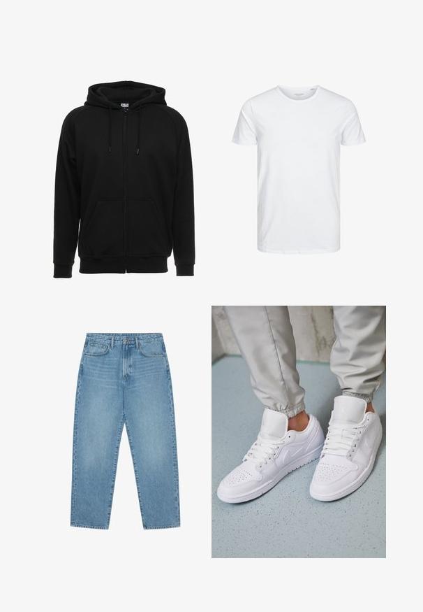 Zwarte hoodie met rits gemaakt van zacht materiaal, voorzien van een capuchon, voorzakken en geribbelde boorden. Eenvoudig ontwerp zonder patronen of accenten.; Ronde hals kortemouwen t-shirt in effen wit, gemaakt van zachte katoen, heeft een eenvoudig ontwerp zonder zichtbare patronen of accenten.; Lichtblauwe denim jeans met een rechte pijp, vijfzakkenontwerp en een licht verweerde look. Voorzien van een knoop- en ritssluiting.; Witte leren sneakers met een geperforeerde neus, platte veters, een gepolsterde kraag en het Jordan-logo op de tong. Gediend met grijze joggers.