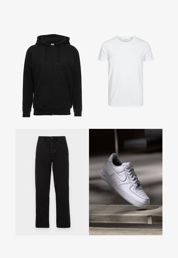 Zwarte hoodie met rits gemaakt van zacht materiaal, voorzien van een capuchon, voorzakken en geribbelde boorden. Eenvoudig ontwerp zonder patronen of accenten.; Ronde hals kortemouwen t-shirt in effen wit, gemaakt van zachte katoen, heeft een eenvoudig ontwerp zonder zichtbare patronen of accenten.; Zwarte denim jeans met een rechte pasvorm, voorzien van een knoopsluiting, riemlussen en een klassieke vijf-pocket stijl.; Witte Nike Air Force 1 sneaker van leer met geperforeerde neus, platte veters en een gestructureerde rubberen zool met "AIR"-logo aan de zijkant.