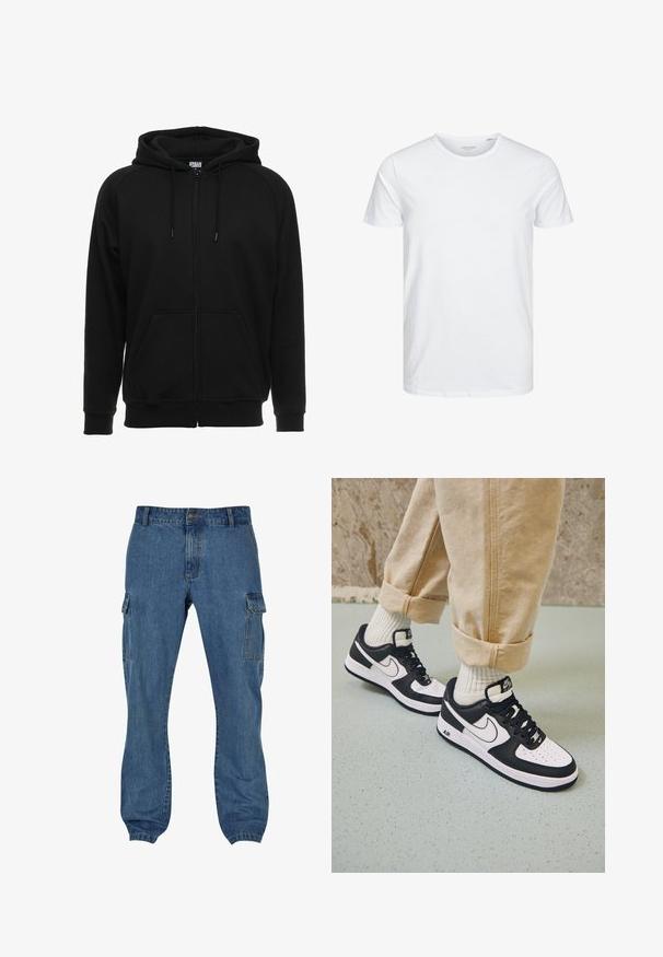 Sweat à capuche noir zippé en matière douce, avec une capuche, des poches avant et des poignets côtelés. Design simple sans motifs ni accents.; T-shirt à col rond à manches courtes de couleur blanche unie, fabriqué en coton doux, avec un design simple sans motifs ni accents visibles.; Pantalon cargo en denim bleu avec des poches latérales, une coupe décontractée et une fermeture à bouton à la taille. Tissu texturé avec des coutures visibles.; Baskets Nike Air Force 1 en noir et blanc avec un dessus en cuir, orteil perforé et détail de semelle texturée, portées avec un pantalon beige retroussé et des chaussettes blanches.